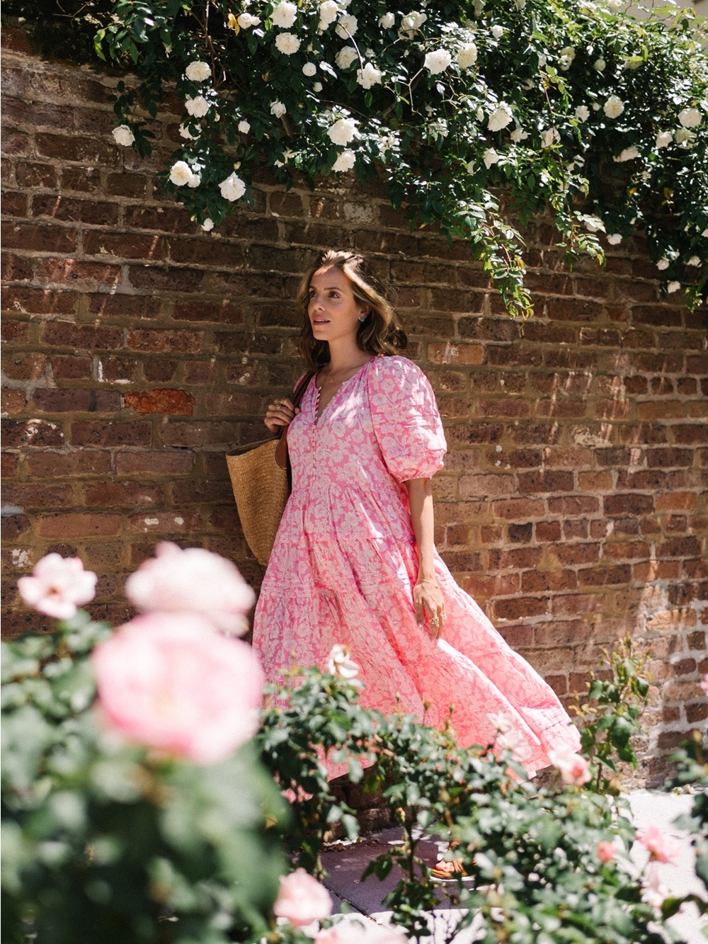 THE GREAT. Pink Floral Puff-Sleeve Tiered Midi Dress size medium size 2 - Picture 2 of 15